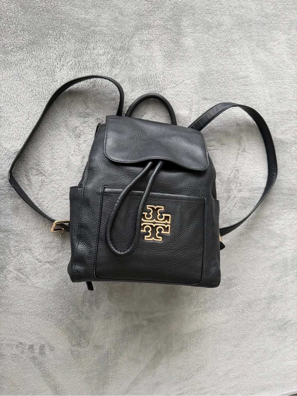 Tory Burch Black Pebbled Leather Logo Drawstring Backpack with Gold Hardware